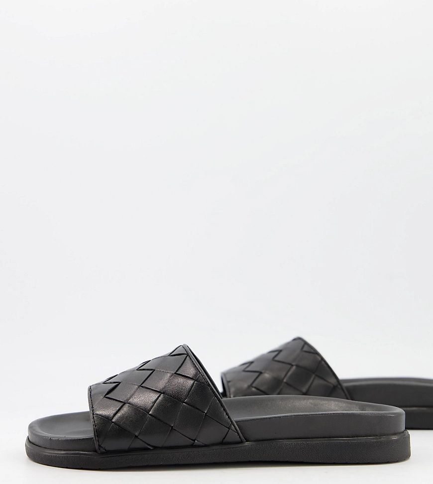 wide fit leather woven footbed sliders in black