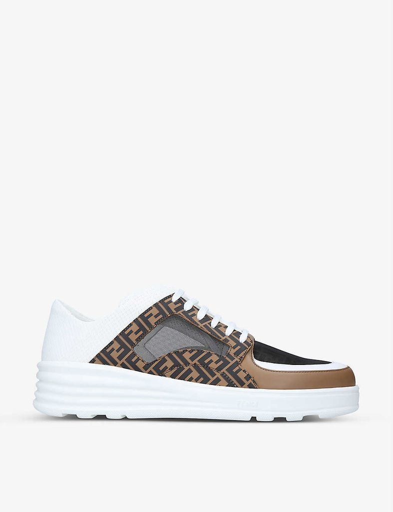 Logo-print woven and leather low-top trainers