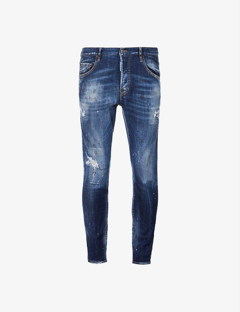 Paint-splattered slim-fit stretch-denim jeans