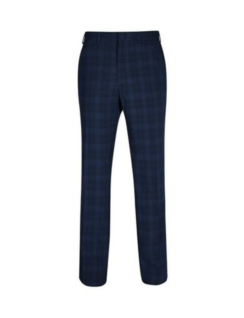 Mens Big & Tall Navy Regular Fit Checked Trousers, blue