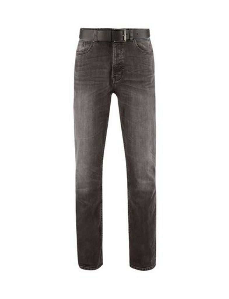Mens Grey Jude Bootcut Fit Belted Washed Jeans, Grey