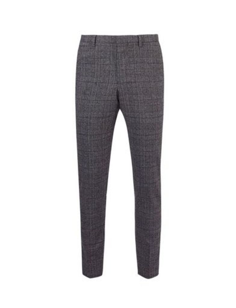 Mens Charcoal And Red Prince Of Wales Checked Skinny Fit Trousers, Grey