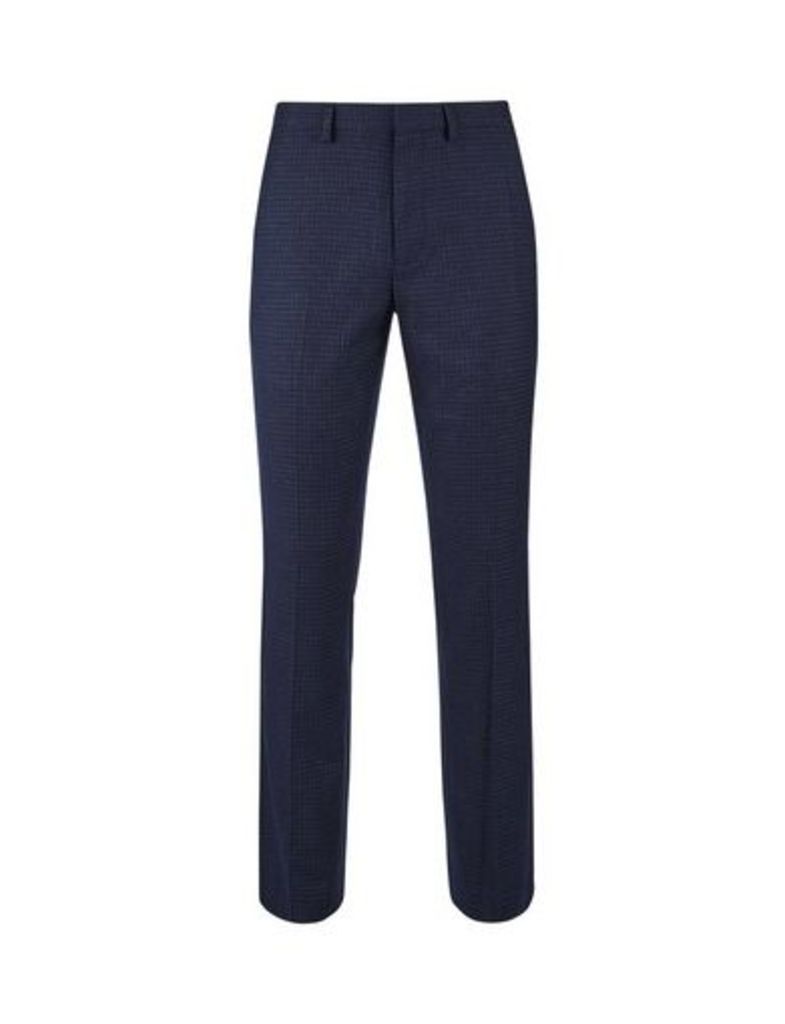 Mens Navy Grid Check Muscle Fit Trousers, Blue