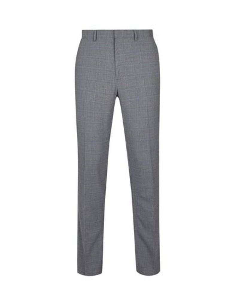 Mens Grey Checked Skinny Fit Stretch Trousers, Grey