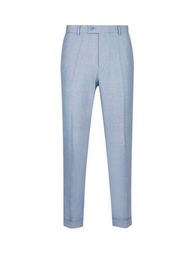 Mens Light Blue Tapered Fit Textured Trousers, Blue