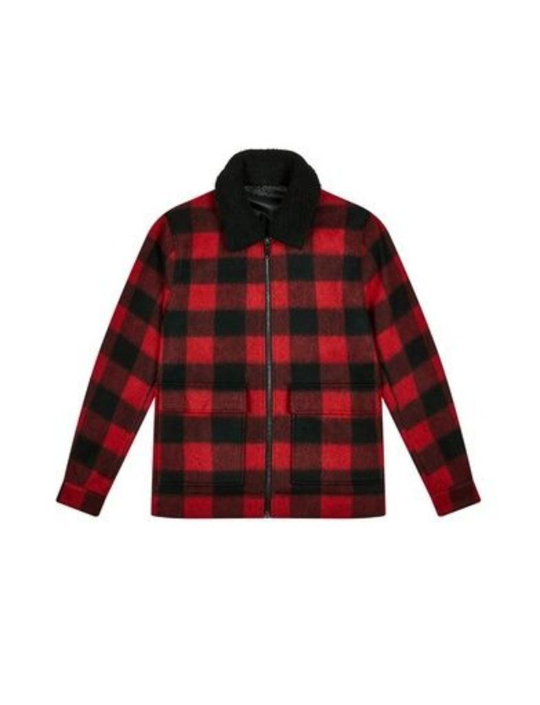 Mens Red Buffalo Check Borg Collared Faux Wool Bomber Jacket, RED