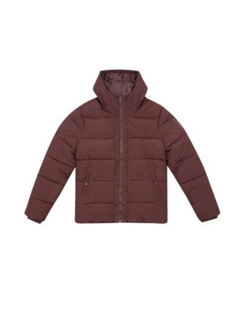 Mens Burgundy Midweight Hooded Puffer Jacket, RED