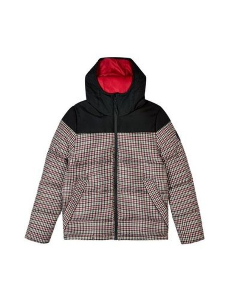 Mens Camel Mini Check Contrast Panel Hooded Puffer Jacket, MULTI