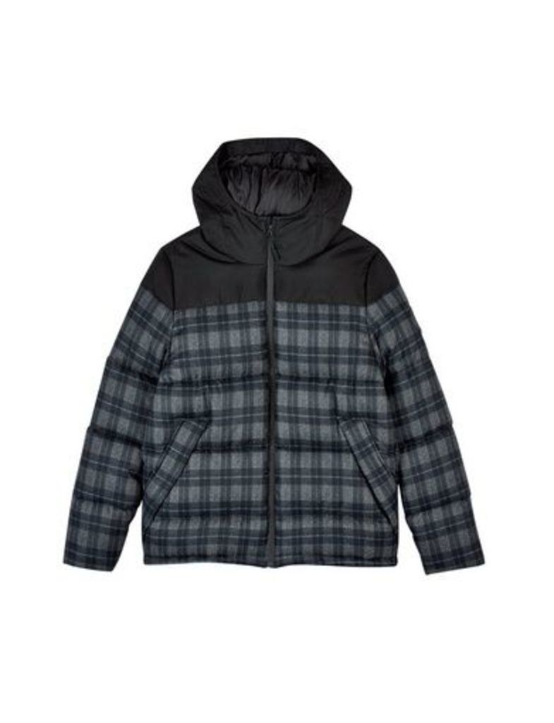 Mens Charcoal Check Contrast Panel Hooded Puffer Jacket, BLACK