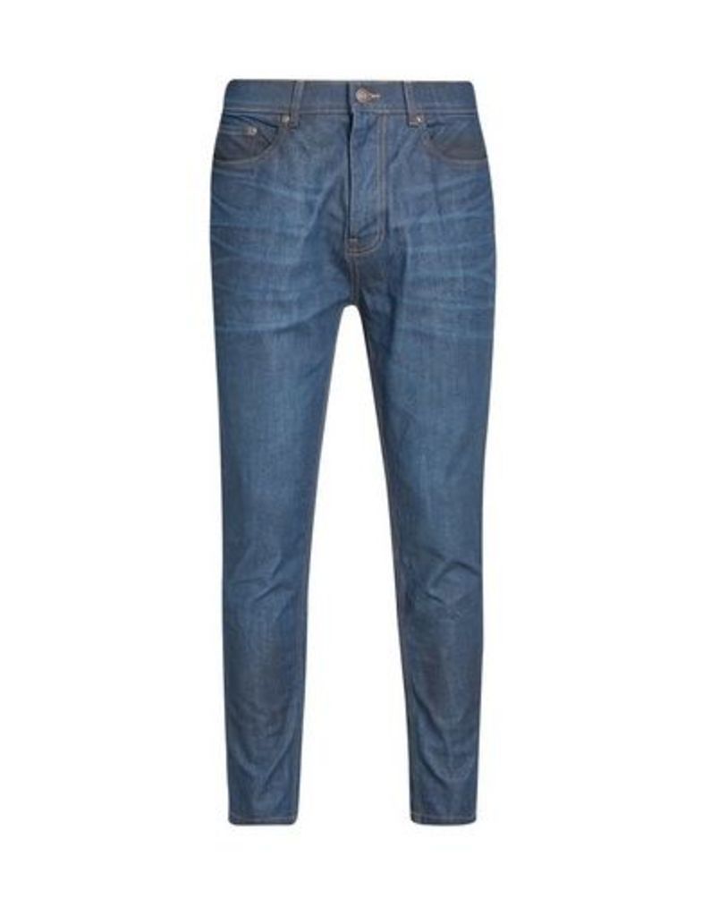 Mens Coated Raw Denim Carrot Fit Jeans, BLUE