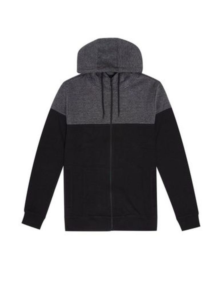 Mens Charcoal And Black Cut And Sew Feeder Stripe Zip Through Hoodie, CHARCOAL