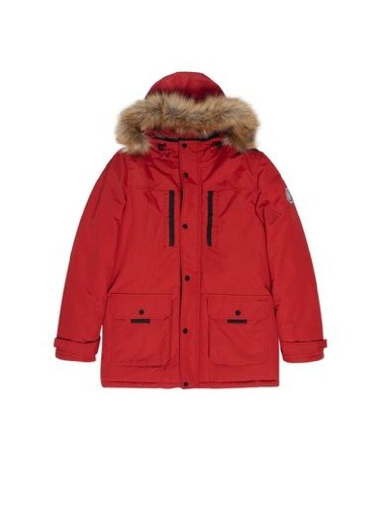 Mens Red Faux Fur Trimmed Hooded Parka, RED