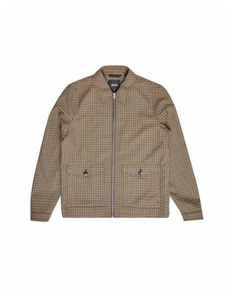 Mens Brown Fall Collar Mini Check Harrington Jacket, CHOCOLATE