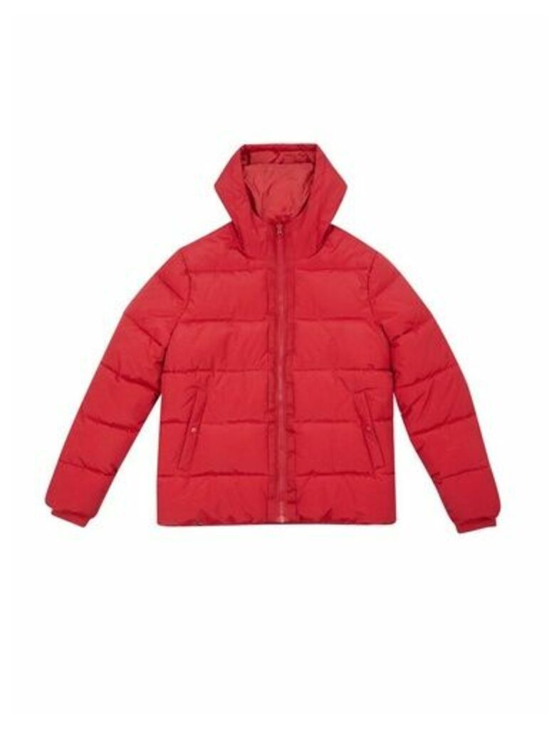 Mens Red Midweight Hooded Puffer Jacket, RED