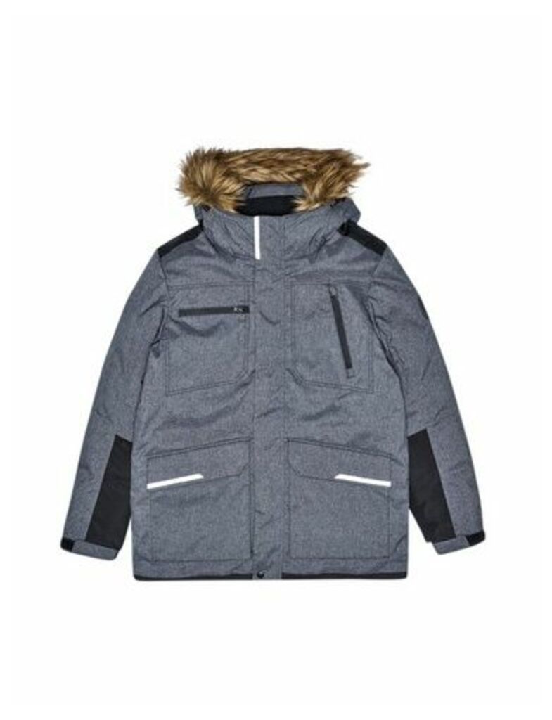 Mens Charcoal Contrast Panel Faux Fur-Trimmed Hooded Parka, CHARCOAL