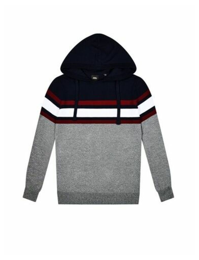 Mens Grey Chest Stripe Knitted Hoodie, GREY