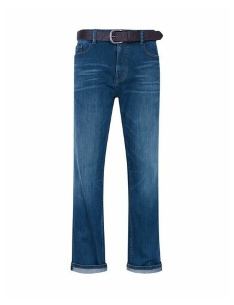 Mens Mid Blue Logan Straight Fit Belted Jeans, Blue
