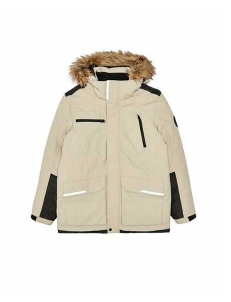 Mens Sand Contrast Panel Faux Fur-Trimmed Hooded Parka Jacket, Beige
