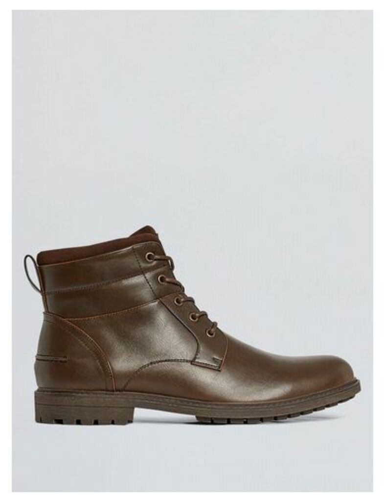 Mens Brown Leather Look Worker Boots, BROWN
