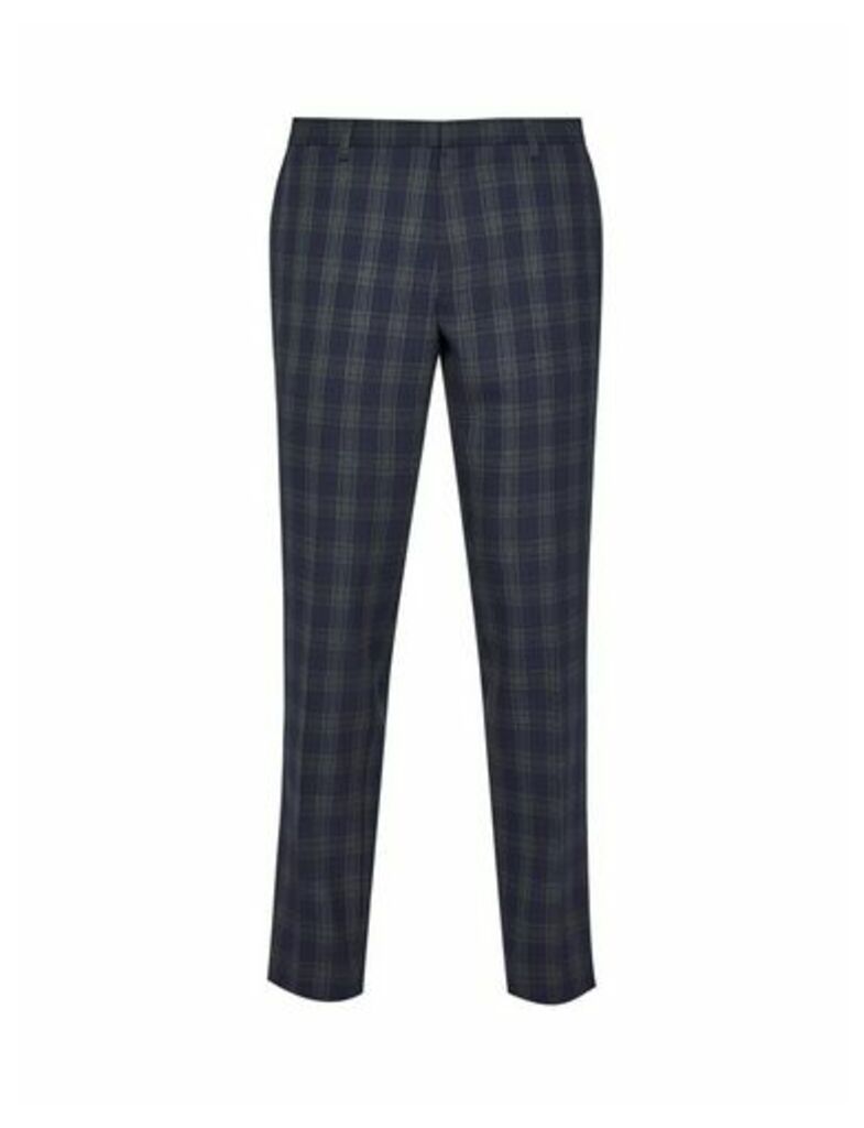 Mens Navy Grey Check Stretch Skinny Fit Trousers, Blue