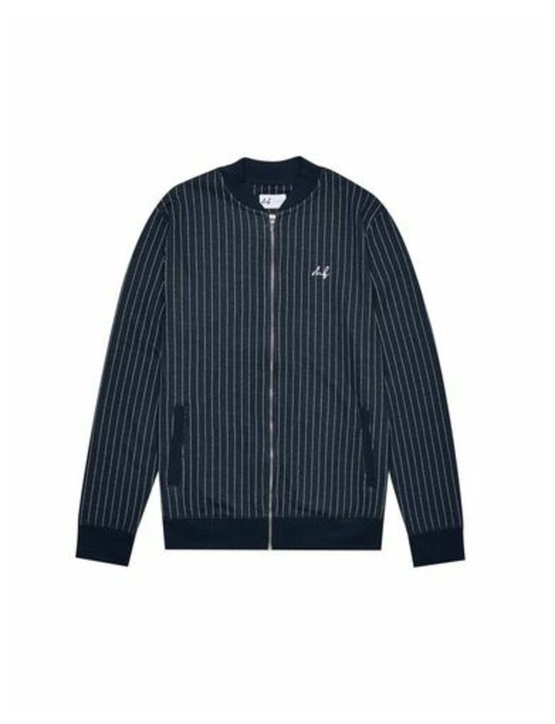 Mens Navy Pinstripe Bomber Jacket With Mb Embroidery, Blue