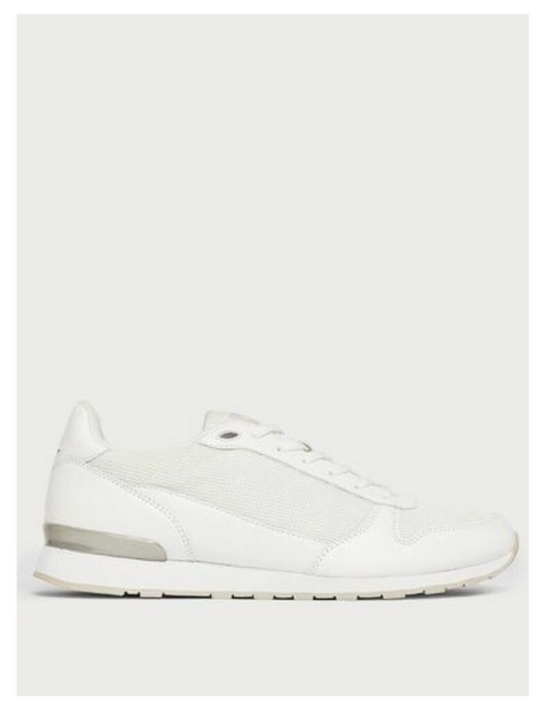 Mens White Leather Look And Mesh Trainers, WHITE
