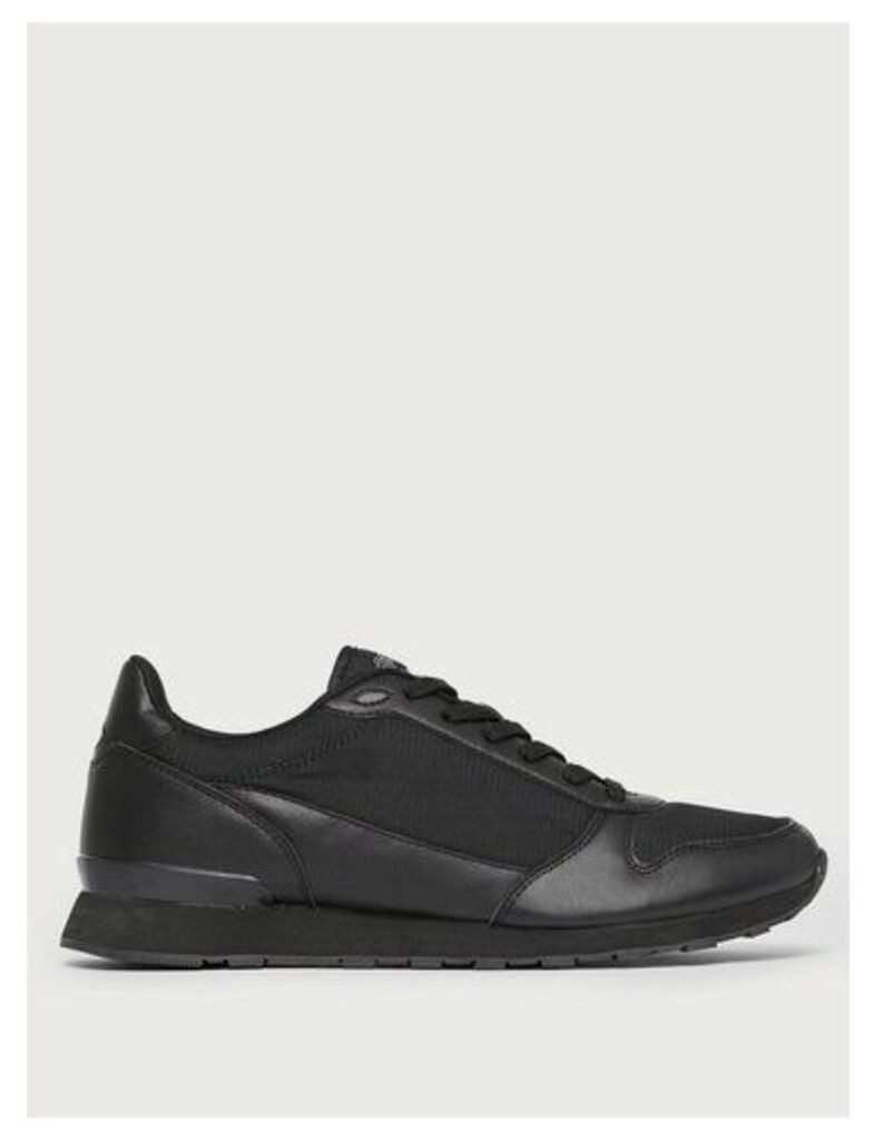 Mens Black Leather Look And Mesh Trainers, BLACK