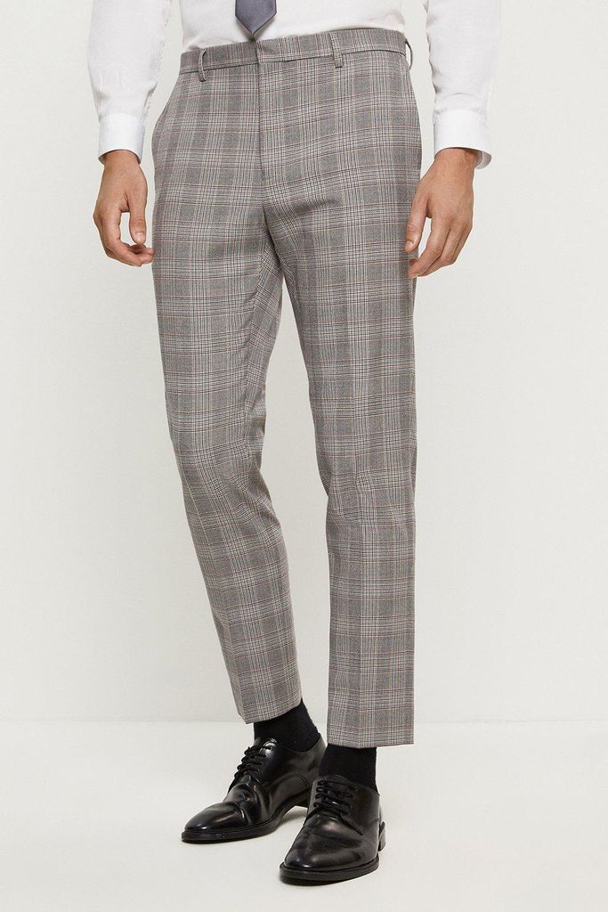 Mens Skinny Grey And Burgundy Check Suit Trouser