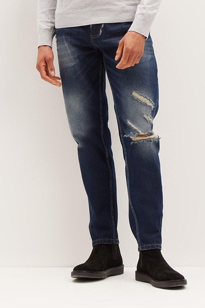 Mens Tapered Mid Blue Rip Jeans