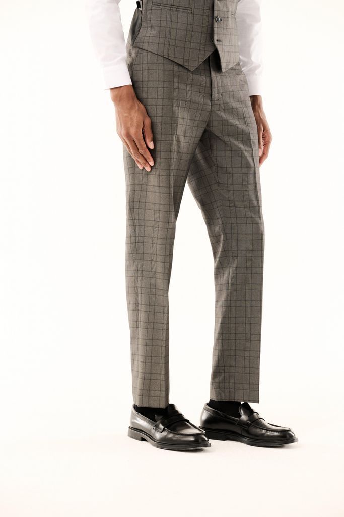Mens Tailored Fit Grey Pow Check Suit Trousers