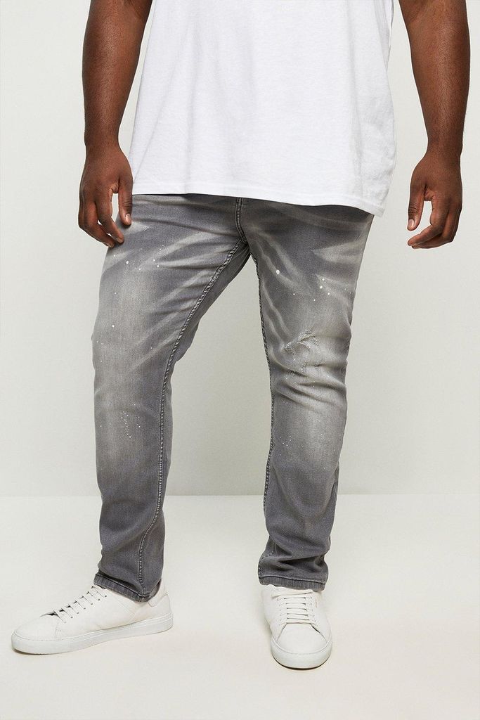 Mens Plus Slim Mid Grey Splatter Jeans