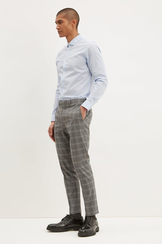 Mens Skinny Fit Grey Fine Check Suit Trousers
