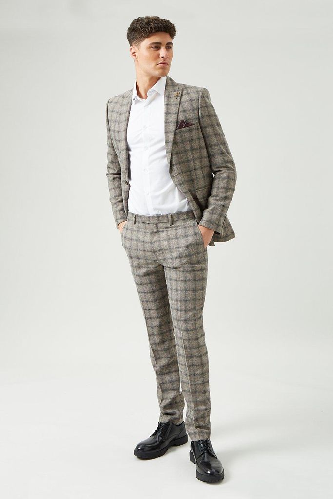 Mens Slim Fit Brown Check Suit Trousers