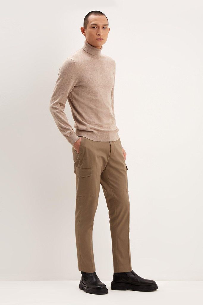 Mens Tapered Fit Brown Cargo Trousers