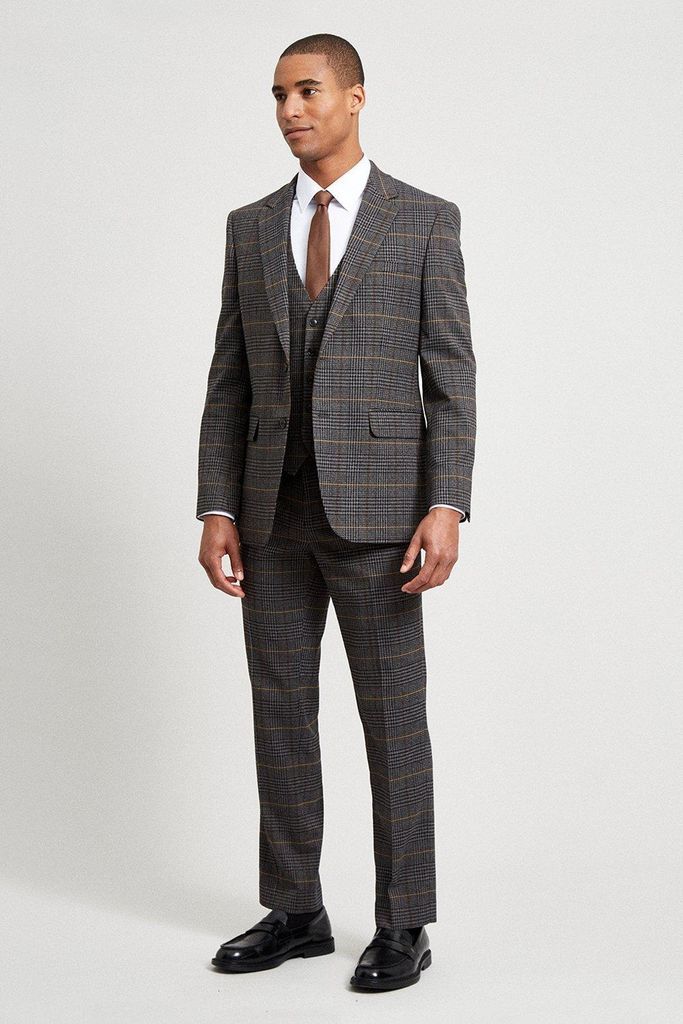 Mens Tailored Fit Brown Saddle Check Suit Trousers