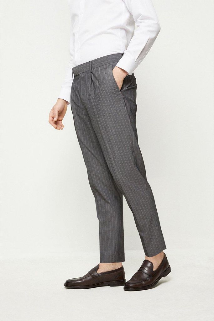 Mens Slim Fit Tapered Grey Stripe Pleated Suit Trousers