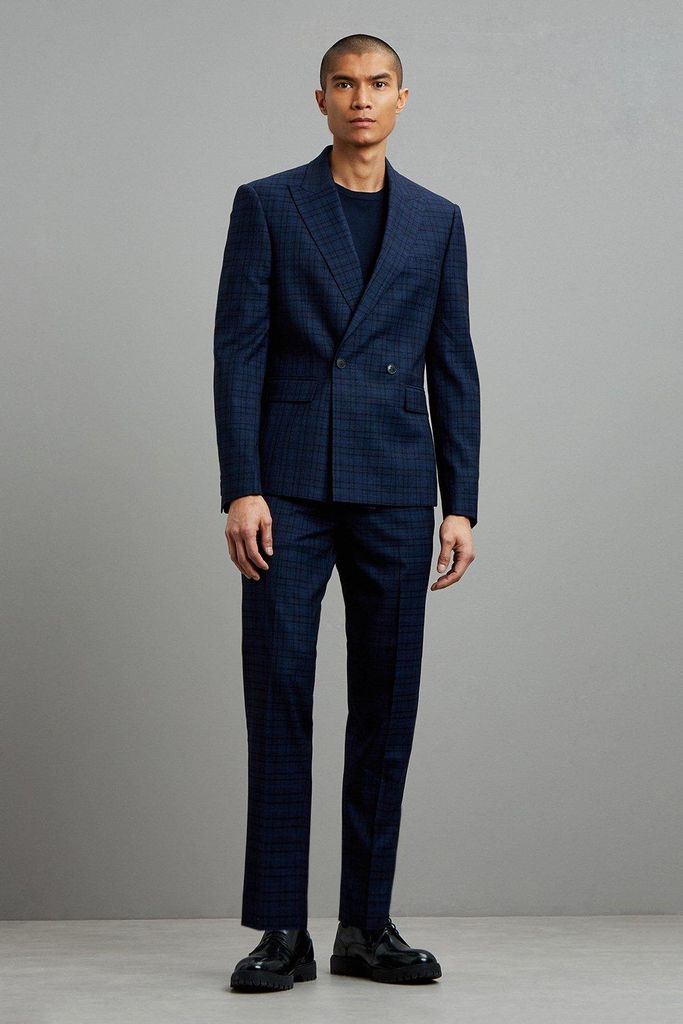 Mens Tapered Fit Navy Multi Check Suit Trousers