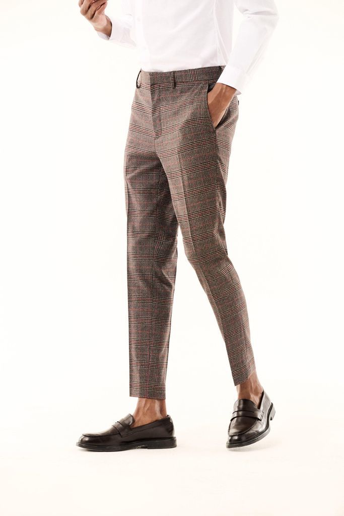 Mens Super Skinny Fit Brown Highlight Check Suit trousers