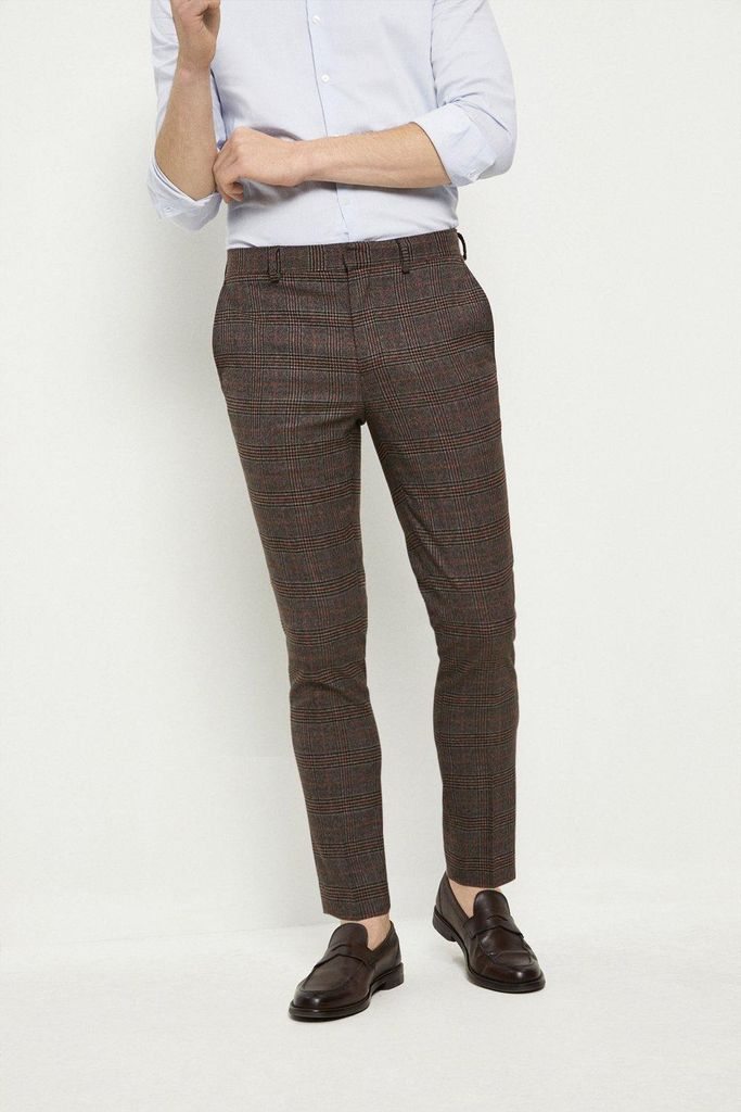 Mens Skinny Fit Brown Highlight Check Suit Trousers