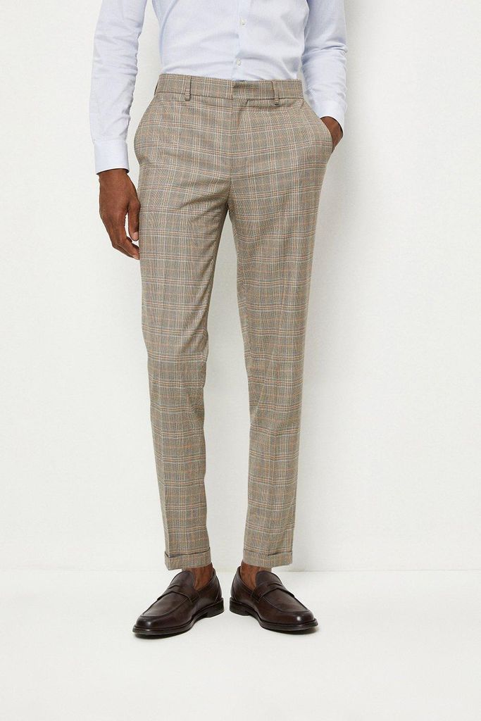 Mens Skinny Fit Brown Textured Check Suit Trousers