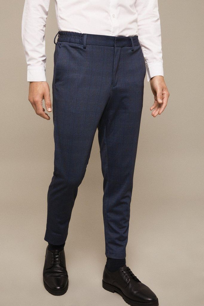 Mens Blue Slim Fit Check Jersey Smart Trousers