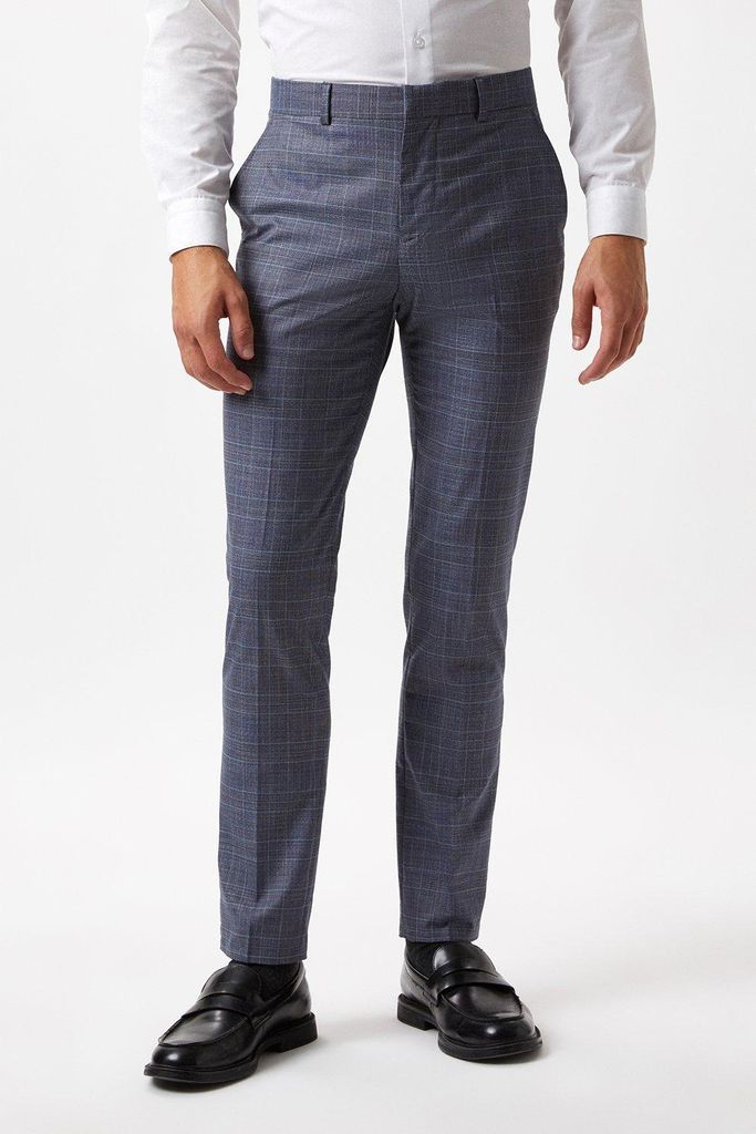 Mens Skinny Fit Blue Check Suit Trousers
