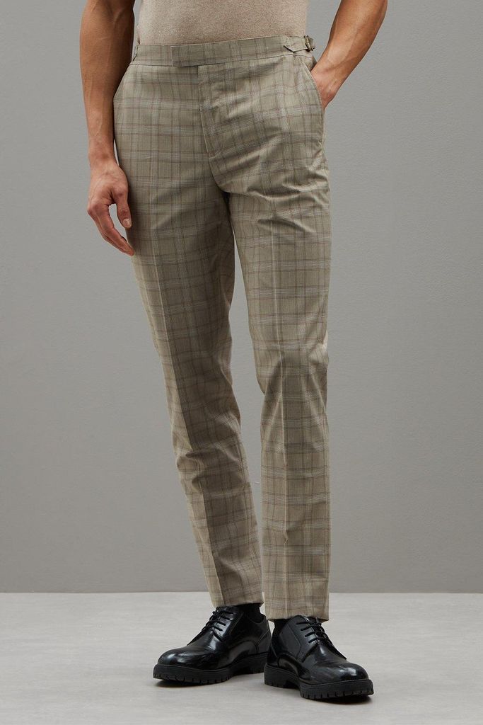 Mens 1904 Slim Fit Stone Fine Multi Checked Suit Trousers