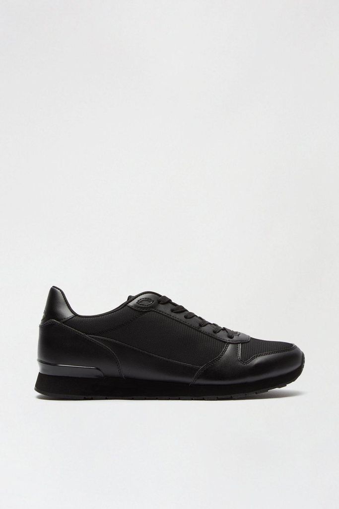 Mens Black Leather Look and Mesh Trainers