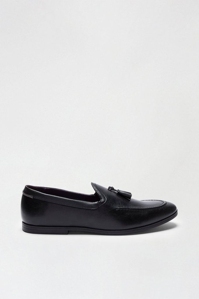 Mens Black Leather Look Tassel Loafers