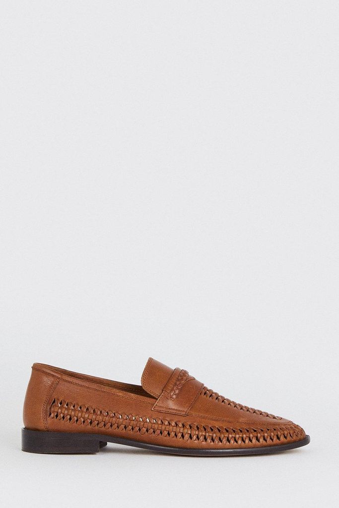 Mens Brown Leather Basket Weave Loafers