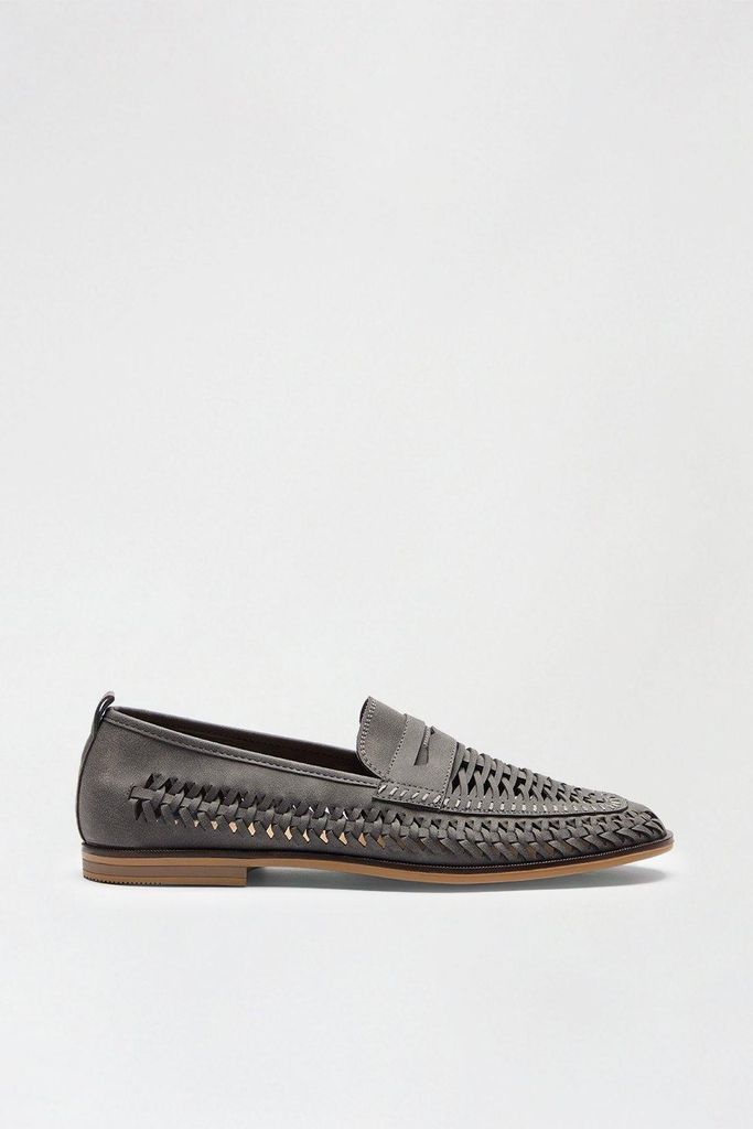 Mens Grey Leather Look Woven Loafers