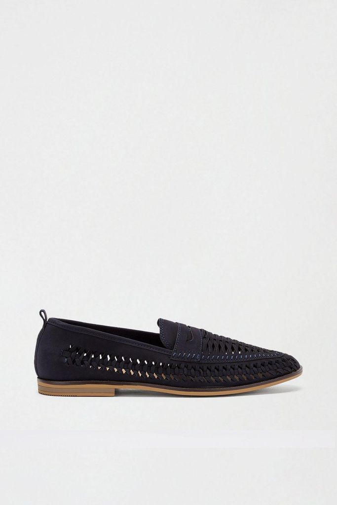Mens Navy Leather Look Woven Loafers