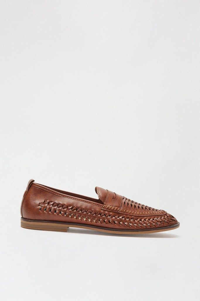 Mens Tan Leather Look Woven Loafers