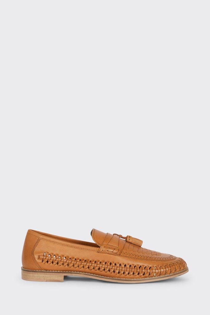Mens Tan Leather Woven Tassel Loafers